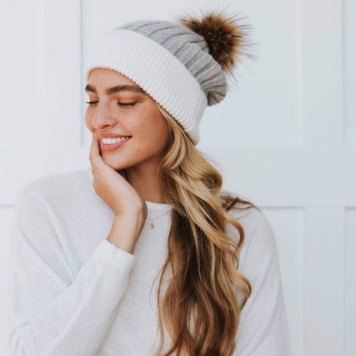 2 Tone Angora Fur Pom Beanie - Gray with Cream Trim Beanie Pretty Simple 